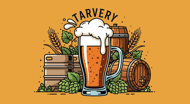 Craft Beer Illustration with Glass Hops and Wooden Barrels