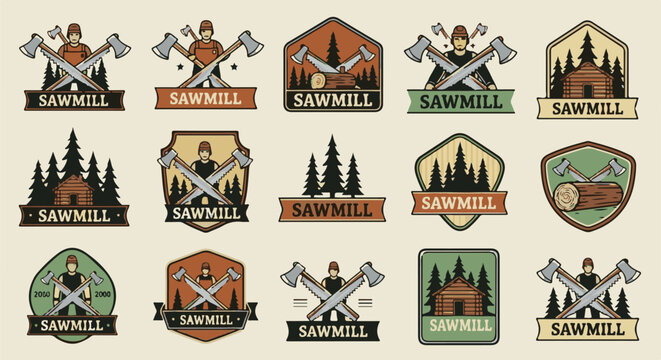 Vintage sawmill logos featuring lumberjacks, axes, trees, and cabins