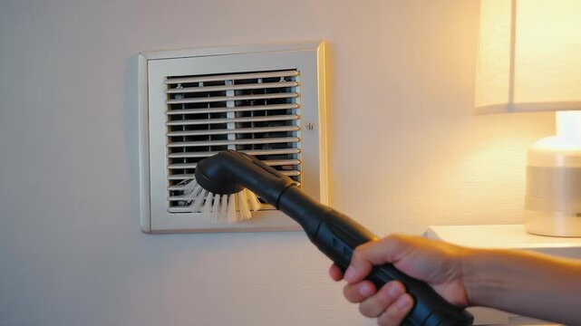 Deep cleaning a modern HVAC air vent register with a specialized scrubbing brush, ensuring clean home maintenance and indoor air quality.