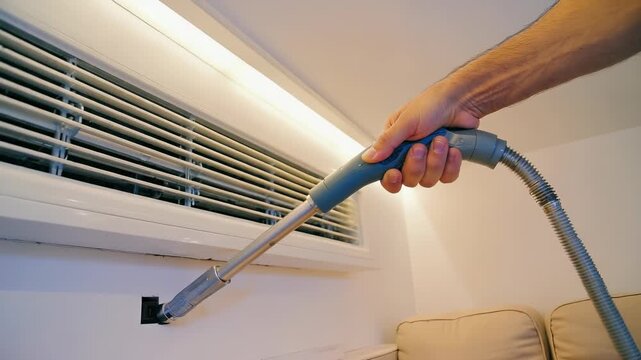 Hand cleaning a window air conditioning vent unit with a specialized vacuum tool during routine home HVAC maintenance and deep cleaning