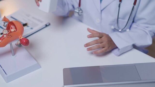 Doctor holding human uterus model for vaginal and cervix pap smear check up in the obstetrics and gynecology.