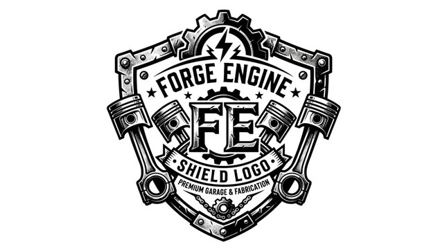 Forge Engine FE Shield Logo with Pistons and Gear Design.