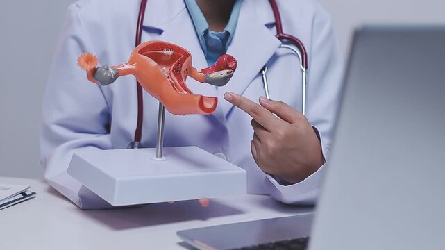 Doctor holding human uterus model for vaginal and cervix pap smear check up in the obstetrics and gynecology.