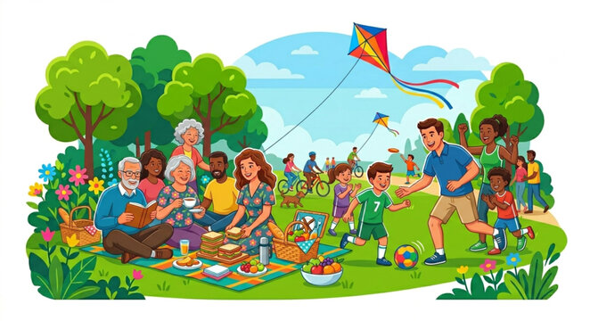 Colorful family picnic, outdoor fun, park gathering, vector illustration