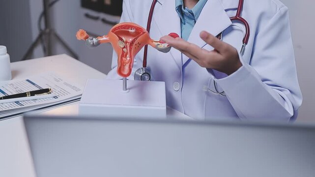 Doctor holding human uterus model for vaginal and cervix pap smear check up in the obstetrics and gynecology.
