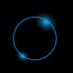 Fototapeta premium Glowing blue circular frame with vibrant light particles isolated on a solid deep black background