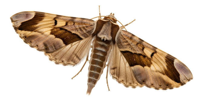 Moth butterfly specimen with detailed wing patterns on clean white background.