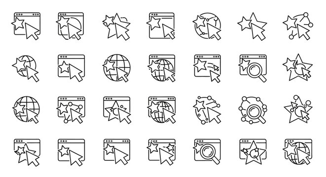 Web browser icons set with cursor star and world elements in vector style