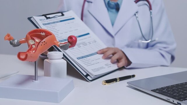 Doctor holding human uterus model for vaginal and cervix pap smear check up in the obstetrics and gynecology.