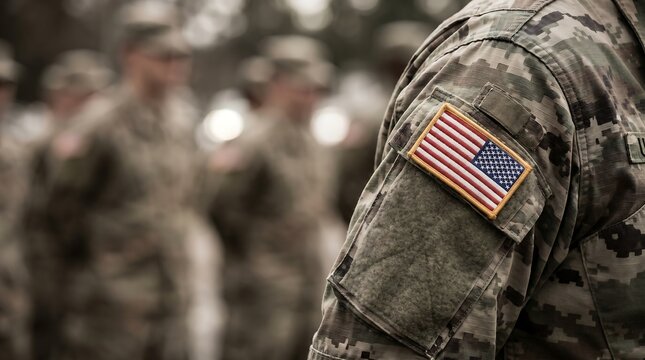 Close up of American flag patch on soldier shoulder in camouflage uniform with blurred military background