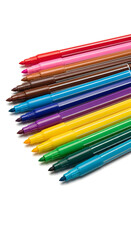 Fototapeta premium Set of colorful marker pens in rainbow hues arranged on white background.