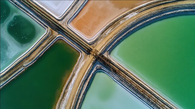 Aerial View of Industrial Salt Evaporation Ponds and Access Roads