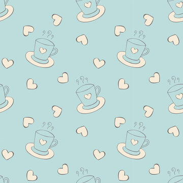  pattern with cute hand drawn coffee cups and small hearts on pastel blue background for cafe menu design, kitchen textile print and valentine gift wrapping paper in mint, cream and beige palette