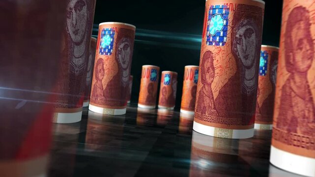 North Macedonia denars money rolls loop 3d. Money on table. Seamless and loopable abstract concept of economy, finance and business. Camera between 1000 MKD rolled banknotes.
