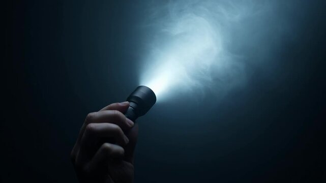 Hand holding a flashlight in the dark, illuminating a beam of light through smoke.