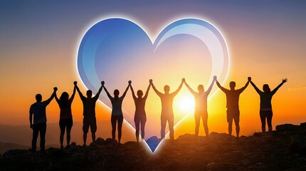 Fototapeta premium Silhouetted People Holding Hands Beneath Heart Shape, Unity Hope and Community Celebration Concept
