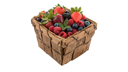 Wicker basket filled with fresh harvest berries isolated on transparent background © Pavel