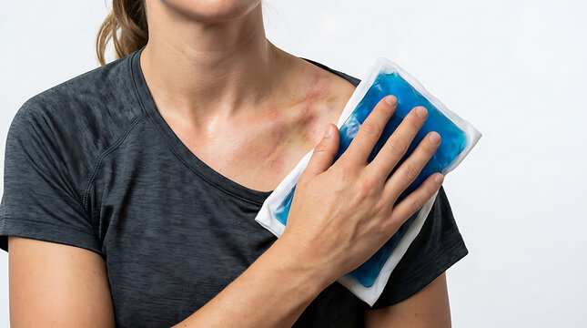 Woman Applying Cold Pack for Shoulder Pain Relief. Injury Treatment, Muscle Recovery, Healthcare & Physical Therapy.