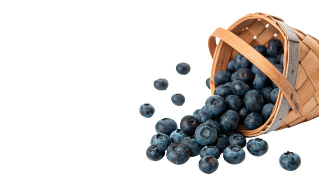 Wicker basket turned over with fresh blue blueberries splashing out isolated on transparent background