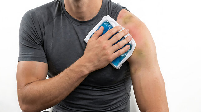 Shoulder Injury Pain Relief. Man Applying Cold Pack for Recovery. Sports Injury Treatment.