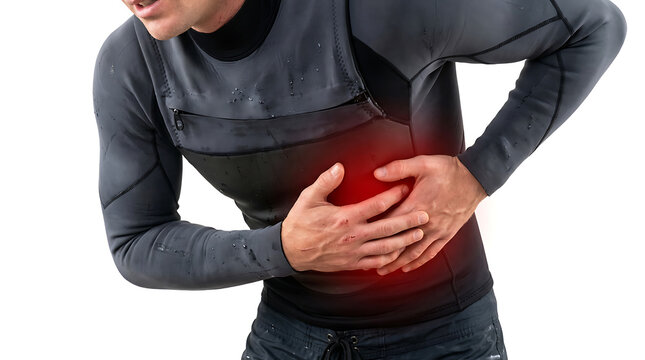 Man with Severe Side Pain or Rib Injury. Medical Abdominal Discomfort Symptom for Healthcare & Physical Therapy Advertising.