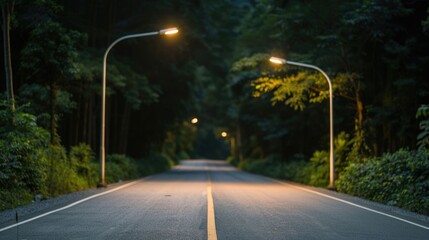 Fototapeta premium A quiet winding asphalt road illuminated by streetlights passes through a dense dark forest evoking a sense of serene travel and natural tranquility during twilight hours
