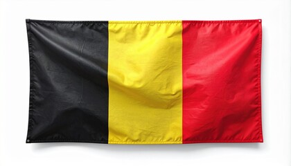 Fototapeta premium The Belgian flag stands tall, symbolizing unity, resilience, and heritage with vertical black, yellow, and red stripes against a clear backdrop.
