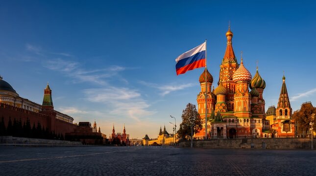 Saint Basils Cathedral and Russian flag on Red Square during golden hour sunset in Moscow