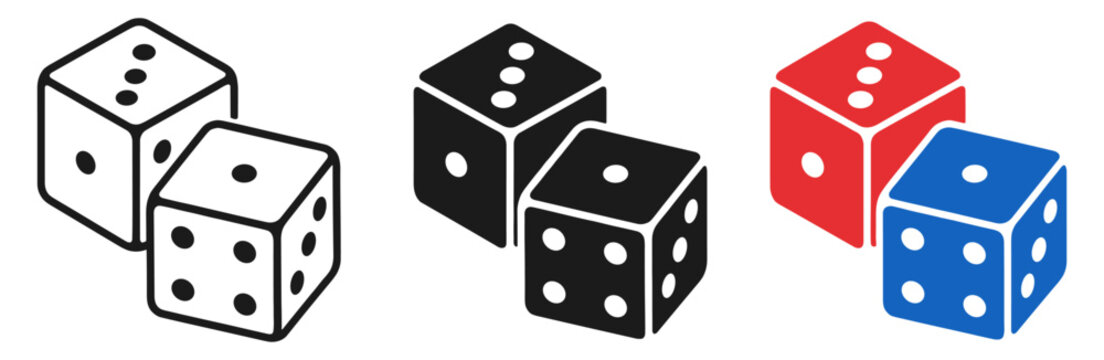 Set of two dice icons in outline, solid black, and colored styles representing gambling and games of chance on transparent background