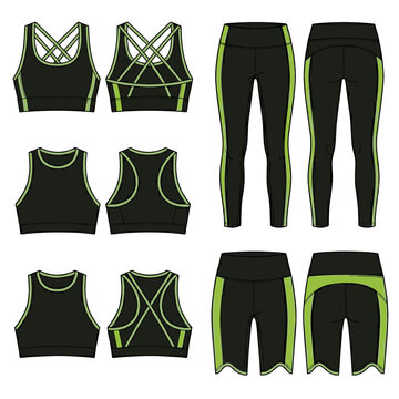 Activewear strappy bra, high neck top, biker shorts mockup transparent