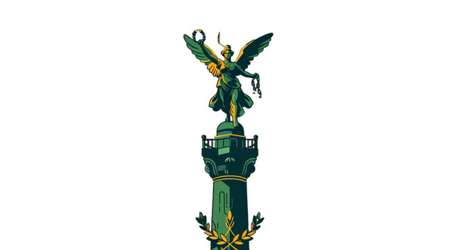 Ornate Green Statue of Winged Victory on Pedestal.