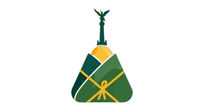 Illustrated green rice dumpling with statue and sun emblem.