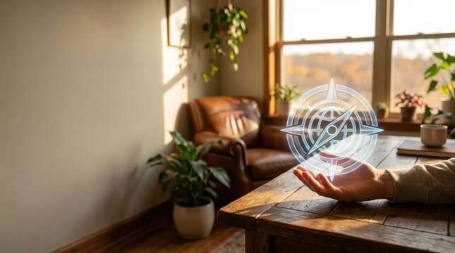 Person holding a virtual object representing a connected nomadic lifestyle and freedom in modern society