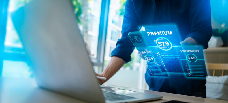 man selecting subscription plan on smartphone with pricing interface, representing premium tier membership,business SaaS model,digital service upgrade automated payment and recurring payment options