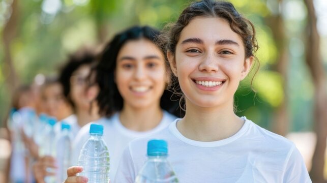 A diverse group of smiling young people dressed in white stand in an outdoor line holding water bottles suggesting refreshment health and camaraderie in a sunny setting
