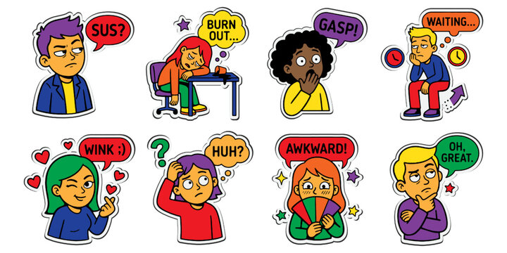 Comic style character sticker set with various emotions and speech bubbles expressing internet slang