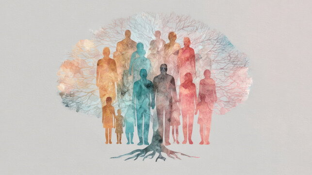 Family tree illustration showing different generations with humans and a tree shape in the background featuring soft colors Generative AI