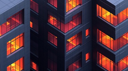 Fototapeta premium Futuristic office building with illuminated windows at dusk showcasing modern architecture and urban landscape