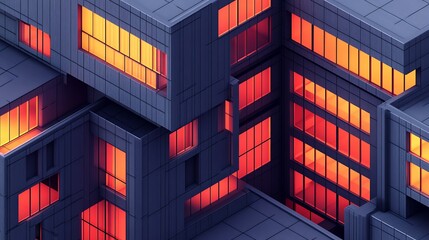 Fototapeta premium Futuristic office building with glowing red and orange windows at dusk isometric view modern architecture