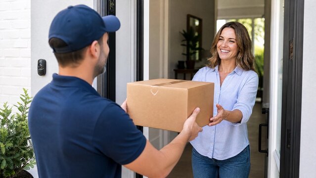 Smiling Woman Receiving Package from Delivery Man at Home Doorstep