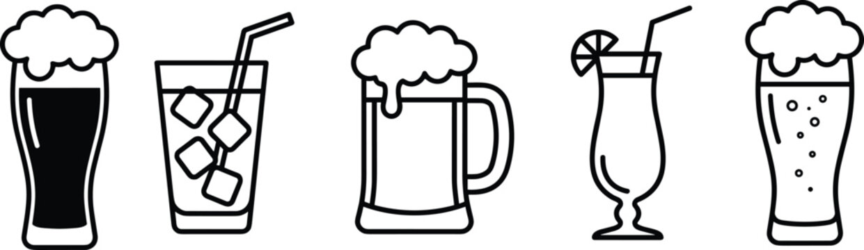 Beer and Cocktail Beverage Icon Set with Draft Beer Mug and Refreshing Cold Drink Outlines