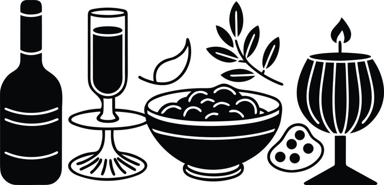 Seder table setting with wine and traditional foods