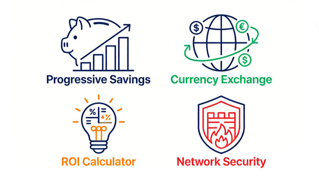 Growth piggy bank, global currency, ROI light bulb and firewall, representing tiered savings cross-border exchange protection, suitable for banks and foreign exchange trading platforms.
