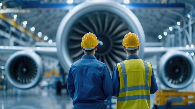 Workers in safety gear in an industrial hangar examine a detailed airplane jet engine highlighting aviation engineering repair and collaborative ope ns