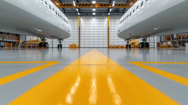 Spacious interior of an aircraft hangar featuring two large white jets positioned on a polished floor with clear yellow safety and directional markings suggesting a maintenance or storage facility