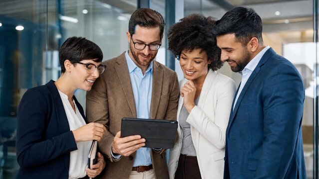 Diverse Business Team Looking at Tablet in Modern Office