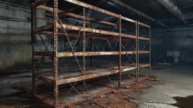 Rusty, abandoned industrial shelving rack in a vast, decaying factory warehouse setting