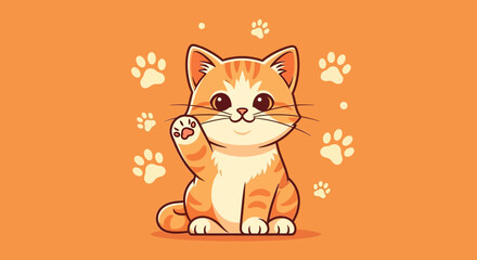 Cute Cartoon Ginger Cat Waving Hello with Paw Prints on Orange Background © Muhammad Zayyan Rayy