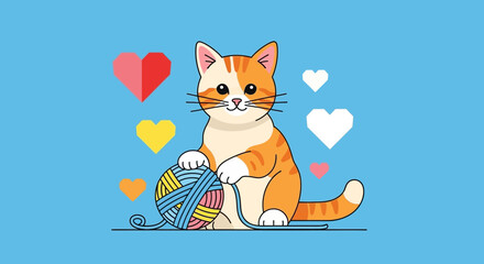 Cute Cartoon Ginger Cat Playing with Yarn Ball and Colorful Hearts © Muhammad Zayyan Rayy