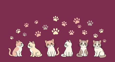 Cute Cartoon Kittens and Paw Prints Pattern on Maroon Background © Muhammad Zayyan Rayy